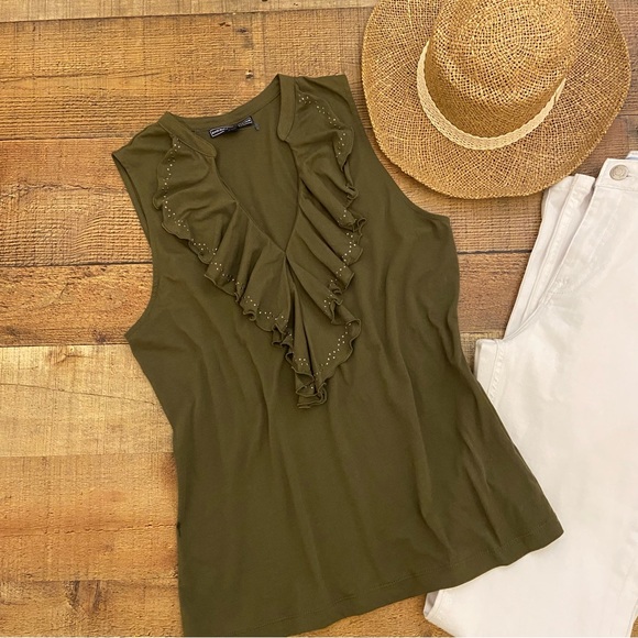 Olive Green Ruffled Sleeveless Top Small Studded Details Around Neckline - Picture 2 of 7